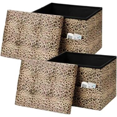 Imagem de AmasSmile Banqueta dobrável para descanso para os pés com bolso lateral, banco de veludo de 43 cm, banco otomano curto, loja de descanso para os pés, baú cobertor, estampa de leopardo, pacote com 2