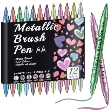 Imagem de Pacote com 12 marcadores metálicos, canetas com glitter de ponta dupla para papel preto e pintura rupestre | Marcadores de tinta acrílica metálica para artesanato DIY, álbuns, vidro, madeira, cartões
