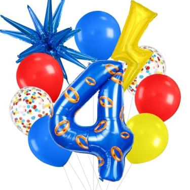 Imagem de Zailo 40-inch Red, Blue and Yellow Number large Balloons with Exploding Stars and Lightning, Cartoon Hedgehog Birthday Decorations, Video Game Themed Balloons for Boys Birthday Party (Number 4)