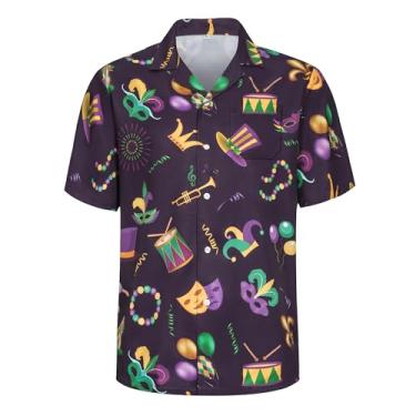 Imagem de Kosgraiy Camisa masculina Mardi Gras manga curta abotoada, roupa de carnaval para homens, camisas casuais havaianas engraçadas de praia, camisas masculinas estampadas de carnaval, roxa, GG