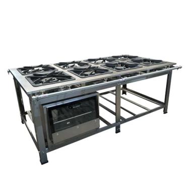 Imagem de Fogão Industrial de Centro 8 Bocas 4 Duplas Cefaz Linha Gold Baixa Pressão Inox com Forno 100 Litros Tampa de Vidro C-I430-CFZG-167+I430-FRG-22
