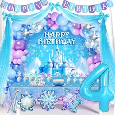 Imagem de Decorações de festa de 4 anos Frozen - Kit de arco de guirlanda de balão de neve, balões de floco de neve, cortina de tule, faixa de aniversário, pano de fundo, toalha de mesa, coroa e varinha de