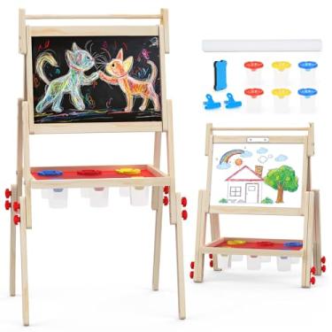 Imagem de Cavalete para crianças, quadro branco magnético dupla face e quadro-negro com rolo de papel, cavalete de arte pequeno ajustável em altura para crianças de 2 a 5 anos, design compacto para desenho e