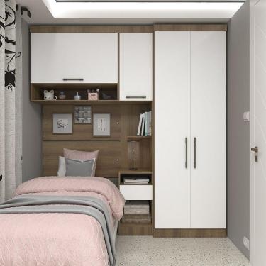 Imagem de Quarto De Solteiro Com Guarda Roupas Mesa De Cabeceira E Nicho Paris Luciane Móveis Avelã Pf Com Branco Pf