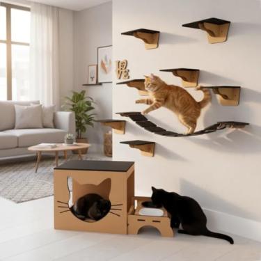 Imagem de Kit Playground 9 Peças Fixo de Parede Gatificação Com Comedouro Duplo Com Prateleiras e Ponte Suspensa