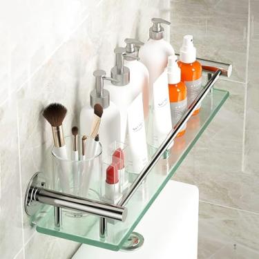 Imagem de ZDJZMGZ Suporte de chuveiro montado na parede, prateleira retangular de vidro de lavatório, prateleiras de armazenamento de aço inoxidável com guardrail, rack de chuveiro, processo de superfície