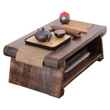 Imagem de Mesa de chão japonesa, mesa baixa dobrável, mesa de centro 2 camadas W prateleira de armazenamento vintage mesa de chá japonesa mesa de tatame para sala de estar, janela de sacada, marrom escuro 80 x