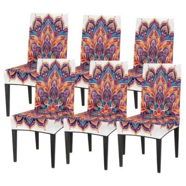 Imagem de hongjinglin Conjunto de 6 capas elásticas para cadeira de sala de jantar, capa protetora de assento de cadeira, mandala colorida, étnica, removível, lavável, para cozinha, casa, hotel, banquete, festa