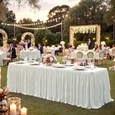 Imagem de Saia de mesa de poliéster marfim de 183 cm para mesas retangulares de 1,8 m (capa frontal), saias de mesa de pano creme sem rugas com babados 1,8 m para festa de casamento, chá de bebê, bolo