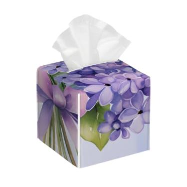 Imagem de Capa quadrada de couro para caixa de lenços à prova d'água, linda flor, roxo, organizador de papel facial com cinto inferior, estojo de lenços para mesa, banheiro, escritório, mesa, carro, decorativo