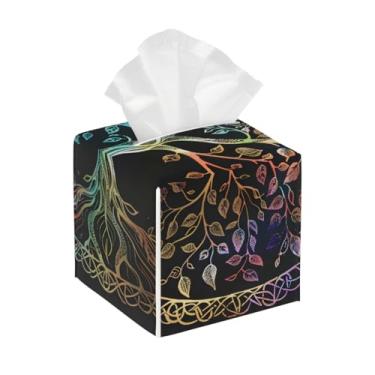 Imagem de Capa quadrada de couro para caixa de lenços de papel, impermeável, árvore da vida, organizador de papel facial redondo com cinto inferior, estojo de lenços para mesa, banheiro, escritório, mesa, carro