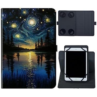 Imagem de Rossy Capa protetora universal para tablet de 20,3 cm e 22,8 cm de couro PU para tablet de 8 a 9 polegadas com suporte giratório de 360 graus e vários ângulos de visualização, arte noite estrelada