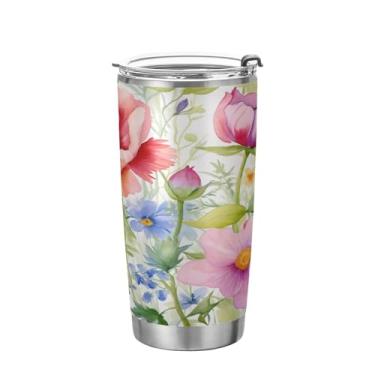 Imagem de xigua Copo de flores silvestres de jardim aquarela com tampa de palha, caneca de viagem a vácuo de parede dupla, caneca de café bem isolada, copo de aço inoxidável para bebidas quentes e frias, 600 ml