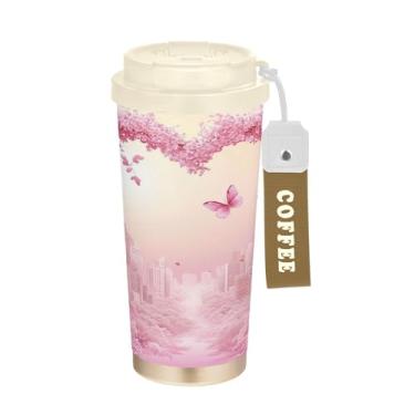 Imagem de SEHANY Caneca de viagem Neon Butterfly 482 g Copos de café reutilizáveis revestidos de cerâmica com tampa à prova de vazamento, parede dupla, isolamento a vácuo, copo de café de aço inoxidável para