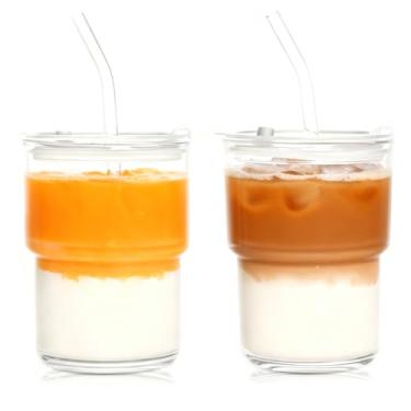 Imagem de AFINSEA Copos de vidro de água de 425 g com canudo e tampa, copos de café gelado reutilizáveis, copo de vidro selado para viagem e festa ao ar livre (2 peças)