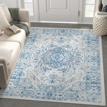 Imagem de Alfombra de Área Jinchan Medallón Floral Lavable 90x150 cm Azul