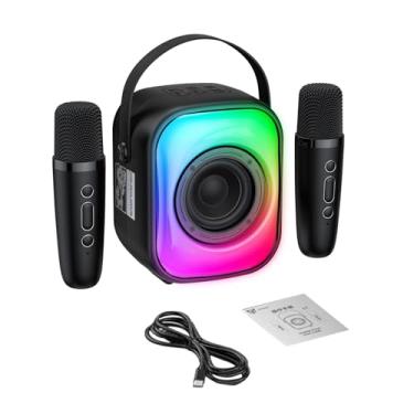 Imagem de Tomvorks Máquina Pequena Portátil de karaokê Com 2 Microfones Sem Fio, Luzes LED, Alto-falante BT para Crianças e Adultos, ótimo para Festas Em Casa (Preta)