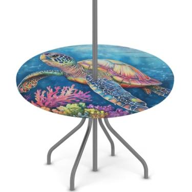 Imagem de Toalha de mesa para uso ao ar livre com orifício para guarda-chuva, toalha de mesa redonda com zíper oculto, capa de mesa de piquenique elástica para acampamento, para pátio, jardim, café, 91,4 a