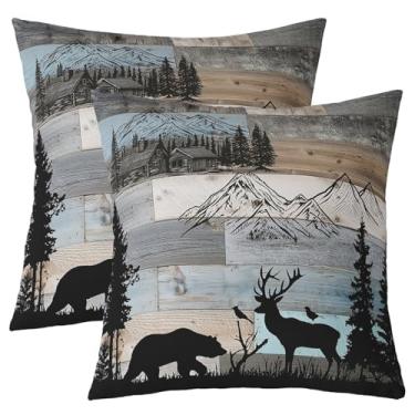 Imagem de Erosebridal Capas de almofada rústica para casa de fazenda 55 x 55 cm, conjunto de 2 capas de almofada de cabana floresta, caça, urso, veado, estampa de animais selvagens, para sofá