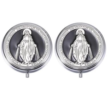 Imagem de Weyuley 2 caixas de joias religiosas da Virgem Maria, adequada para guardar contas de rosário, pequenos acessórios e lembranças ao receber a primeira comunhão. (preto)