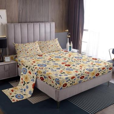 Imagem de Erosebridal Jogo de lençol casal macio com flores retrô, azul, amarelo e vermelho, 4 peças, para crianças, meninas, plantas, vintage, lençol com elástico para quarto, folhas botânicas