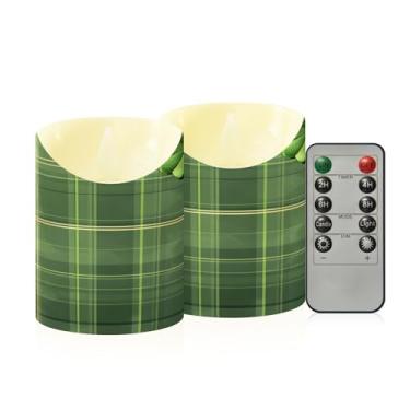 Imagem de Wassud Pacote com 2 velas sem chama com estampa xadrez verde com controle remoto, velas realistas cintilantes com temporizador, velas decorativas para Natal, casamento, festa, decoração de casa