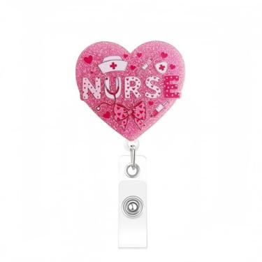 Imagem de Carretel de crachá de dia dos namorados suporte de crachá de enfermeira rosa amor retrátil jacaré acrílico clipe com desenhos de laço, carretéis fofos para crachá para médico RN acessórios de