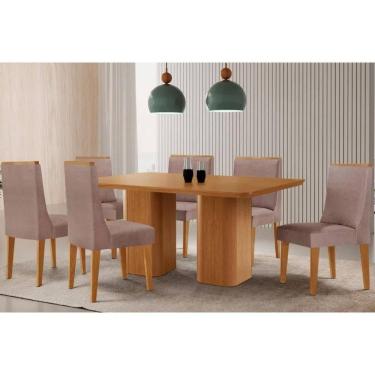 Imagem de Sala Jantar Mesa Maldivas Tampo Curvo 180cm+6 Cadeiras Dakota Madeira Naturale - Capuccino/Linho Capuccino - Rufato