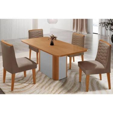 Imagem de Sala Jantar Mesa Pietá Tampo Curvo 120cm+4 Cadeiras Maldivas Madeira Naturale/Off White - Capuccino/Suede Capuccino - Rufato