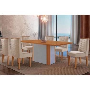 Imagem de Sala Jantar Mesa Pietá Tampo Curvo 180cm+6 Cadeiras Dafne Madeira Naturale/Off White - Capuccino/Suede Creme - Rufato