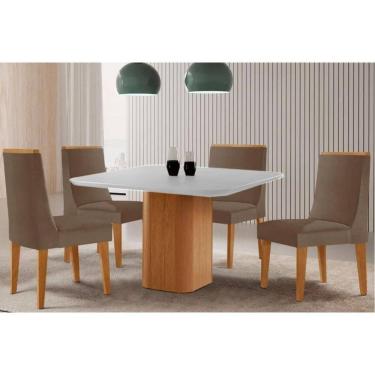 Imagem de Sala Jantar Mesa Maldivas Tampo c/ Vidro Curvo 90cm+4 Cadeiras Dakota Madeira Naturale/Off White - Capuccino/Suede Capuccino - Rufato