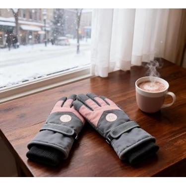 Imagem de Luvas de esqui para mulheres, luva térmica de neve com função de tela sensível ao toque, luva de inverno impermeável para esportes ao ar livre (cinza, rosa)