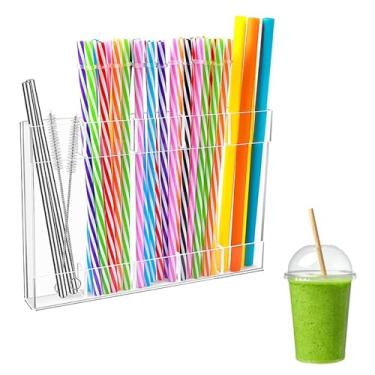 Imagem de Suporte de canudo de acrílico para porta de armário organizador de recipientes de canudos grandes médios pequenos com fita adesiva dupla face reutilizável para armazenamento de canudos de copo montado