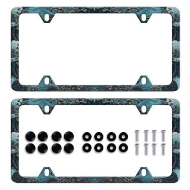 Imagem de 2 peças Moldura para placa de licença Ocean Wave Blue Texture Waves Print License Plate Holders Stainless Steel Colorful Auto Accessory Bracket Holes Screws Universal Us Car License Plate Frames 6,2 x