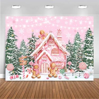 Imagem de Mocsicka Faixa de fundo de casa de gengibre de Natal rosa Feliz Natal fundo fotográfico inverno Natal gengibre pinheiros decorações de festa adereços de cabine de fotos (2,4 x 1,8 m (244 x 183 cm)