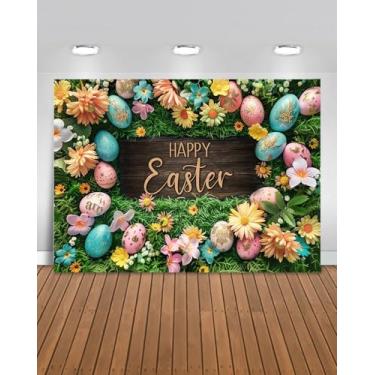 Imagem de Mocsicka Pano de fundo de feliz páscoa com ovos coloridos, decoração de festa de Páscoa, faixa floral, grama, adereços para estúdio fotográfico (verde, 3 x 2 m)