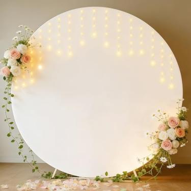 Imagem de HOLITS Capa de fundo redonda de 2,5 m com luzes, capa de arco circular de elastano resistente a rugas com luzes de LED para casamento, chá de bebê, sessões de fotos de aniversário, festa e eventos