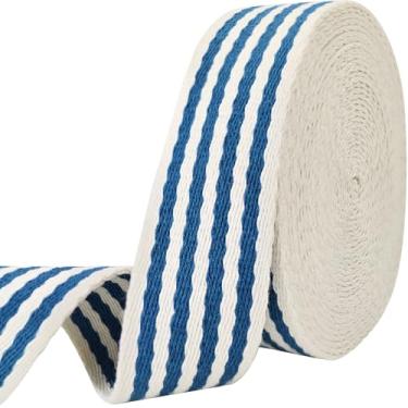Imagem de Tiras de algodão listradas de 3,8 cm - Fita de tecido jacquard de 6 metros tiras resistentes para fabricação de bolsas, arreios, mochila, cintos, roupas, costura (azul marinho)