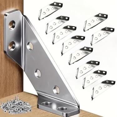 Imagem de Conjunto de suportes de canto de aço inoxidável com 50 peças de suportes angulares triangulares resistentes com parafusos para prateleiras de móveis de madeira, gavetas, armários, prateados