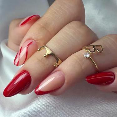 Imagem de Red Press on Nails Kit Amêndoa Curto Médio, Unhas Falsas Francesas com Design Redemoinho Cola em Gel em Unhas para Mulheres Cobertura Completa Acrílico Artificial Falso Stick on Nail para Casamento 24
