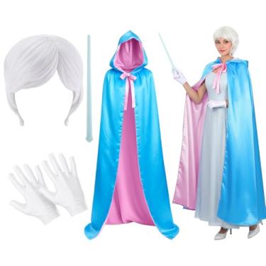 Imagem de Breathffy Conjunto de 4 peças de fantasia de princesa de fada adulta com capa azul com capuz, peruca, varinha mágica iluminada, luvas para cosplay