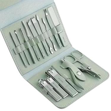 Imagem de Kit de 16 ferramentas de cuidados com unhas de aço inoxidável com estojo de couro luxuoso de viagem para presente de unhas grossas para homens e mulheres, conjunto de manicure, kit de pedicure
