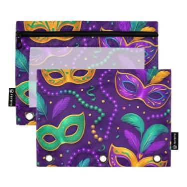 Imagem de GAIGEO Pasta de lápis de escritório com 3 anéis, bolsa de lápis, fichário com zíper, fichário macio, escola, transparente, bolsos, máscaras coloridas de baile de máscaras de carnaval 25 x 18 cm, 2