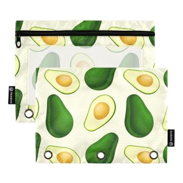 Imagem de Estojo de lápis com 3 argolas para fichário de abacate verde para lápis com zíper, fichário colorido transparente, estojo para canetas, pastel, escolar, 25 x 18 cm, 2 pacotes