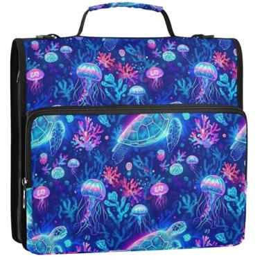 Imagem de Tartaruga marinha, água-viva, colorida, 3 anéis, 3 anéis, organizador de fichário com zíper, bolsa de fichário de ensino médio com alça de armazenamento, pasta de portfólio com alça, 34,5 x 31,5 x 9