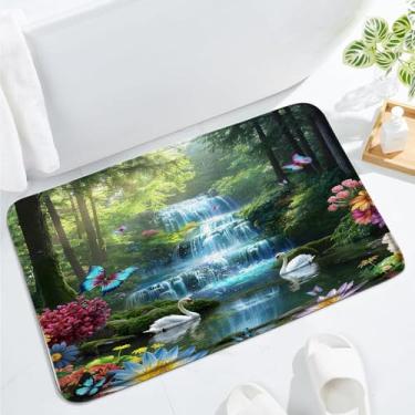 Imagem de Tapete de banho de cachoeira tropical floral borboleta natureza árvore verde paisagem floresta paisagem planta fluxo selva, 48 x 74 cm