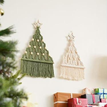 Imagem de Kit de macramê de árvore de Natal faça você mesmo, árvore tecida de macramê de Natal, kit de enfeites para pendurar na parede, artesanato, decoração, suprimentos de festa - 2 peças