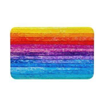 Imagem de Jbofyee Tapete de banho arco-íris pintado antiderrapante microfibra macia tapete de banheiro lavável tapete de entrada colorido listrado decoração para banheira, chuveiro, chão, 80 x 50 cm