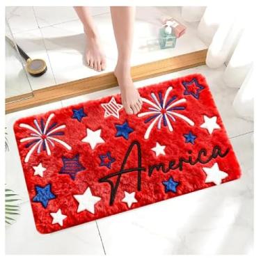 Imagem de JarThenaAMCS Tapete de banheiro patriótico 19,7 x 81,5 polegadas Tapete de banho adornado absorvente antiderrapante tapete de chuveiro americano estrela fogos de artifício tapete de porta da frente