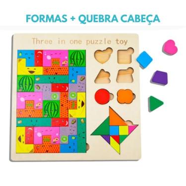 Imagem de Brinquedo Educativo Infantil Montessori de Madeira – Encaixe de Formas e Cores – Puzzle Didático para Desenvolvimento Cognitivo, Coordenação e Aprendizado - TDAH - (Formas + Quebra Cabeça)
